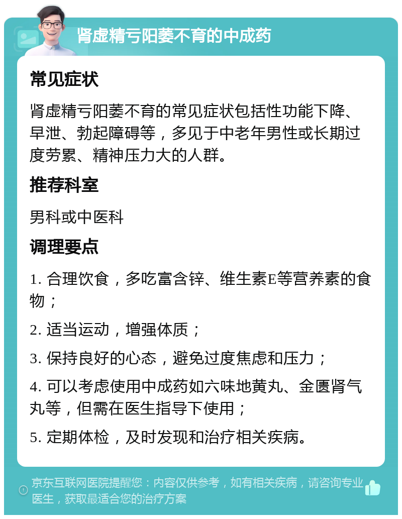 肾虚精亏阳萎不育的中成药 常见症状 肾虚精亏阳萎不育的常见症状包括性功能下降、早泄、勃起障碍等，多见于中老年男性或长期过度劳累、精神压力大的人群。 推荐科室 男科或中医科 调理要点 1. 合理饮食，多吃富含锌、维生素E等营养素的食物； 2. 适当运动，增强体质； 3. 保持良好的心态，避免过度焦虑和压力； 4. 可以考虑使用中成药如六味地黄丸、金匮肾气丸等，但需在医生指导下使用； 5. 定期体检，及时发现和治疗相关疾病。