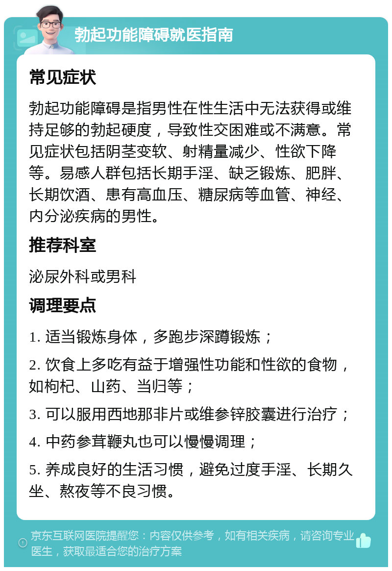 勃起功能障碍就医指南 常见症状 勃起功能障碍是指男性在性生活中无法获得或维持足够的勃起硬度，导致性交困难或不满意。常见症状包括阴茎变软、射精量减少、性欲下降等。易感人群包括长期手淫、缺乏锻炼、肥胖、长期饮酒、患有高血压、糖尿病等血管、神经、内分泌疾病的男性。 推荐科室 泌尿外科或男科 调理要点 1. 适当锻炼身体，多跑步深蹲锻炼； 2. 饮食上多吃有益于增强性功能和性欲的食物，如枸杞、山药、当归等； 3. 可以服用西地那非片或维参锌胶囊进行治疗； 4. 中药参茸鞭丸也可以慢慢调理； 5. 养成良好的生活习惯，避免过度手淫、长期久坐、熬夜等不良习惯。