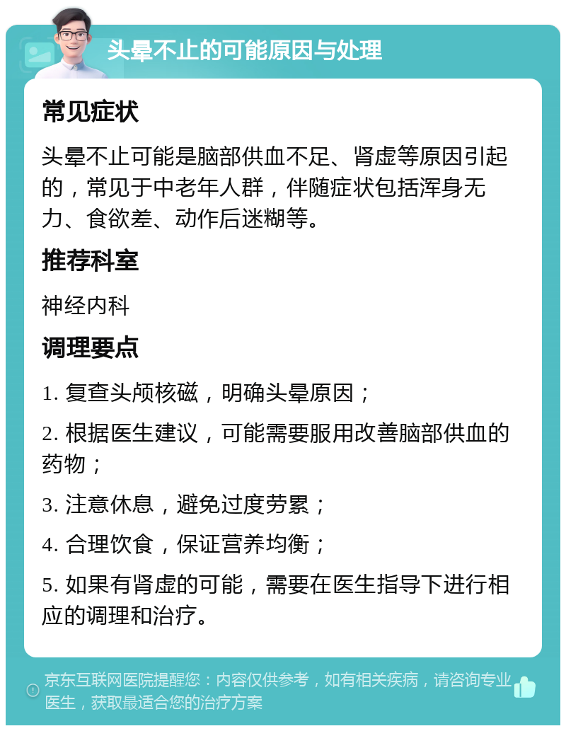 头晕不止的可能原因与处理 常见症状 头晕不止可能是脑部供血不足、肾虚等原因引起的，常见于中老年人群，伴随症状包括浑身无力、食欲差、动作后迷糊等。 推荐科室 神经内科 调理要点 1. 复查头颅核磁，明确头晕原因； 2. 根据医生建议，可能需要服用改善脑部供血的药物； 3. 注意休息，避免过度劳累； 4. 合理饮食，保证营养均衡； 5. 如果有肾虚的可能，需要在医生指导下进行相应的调理和治疗。