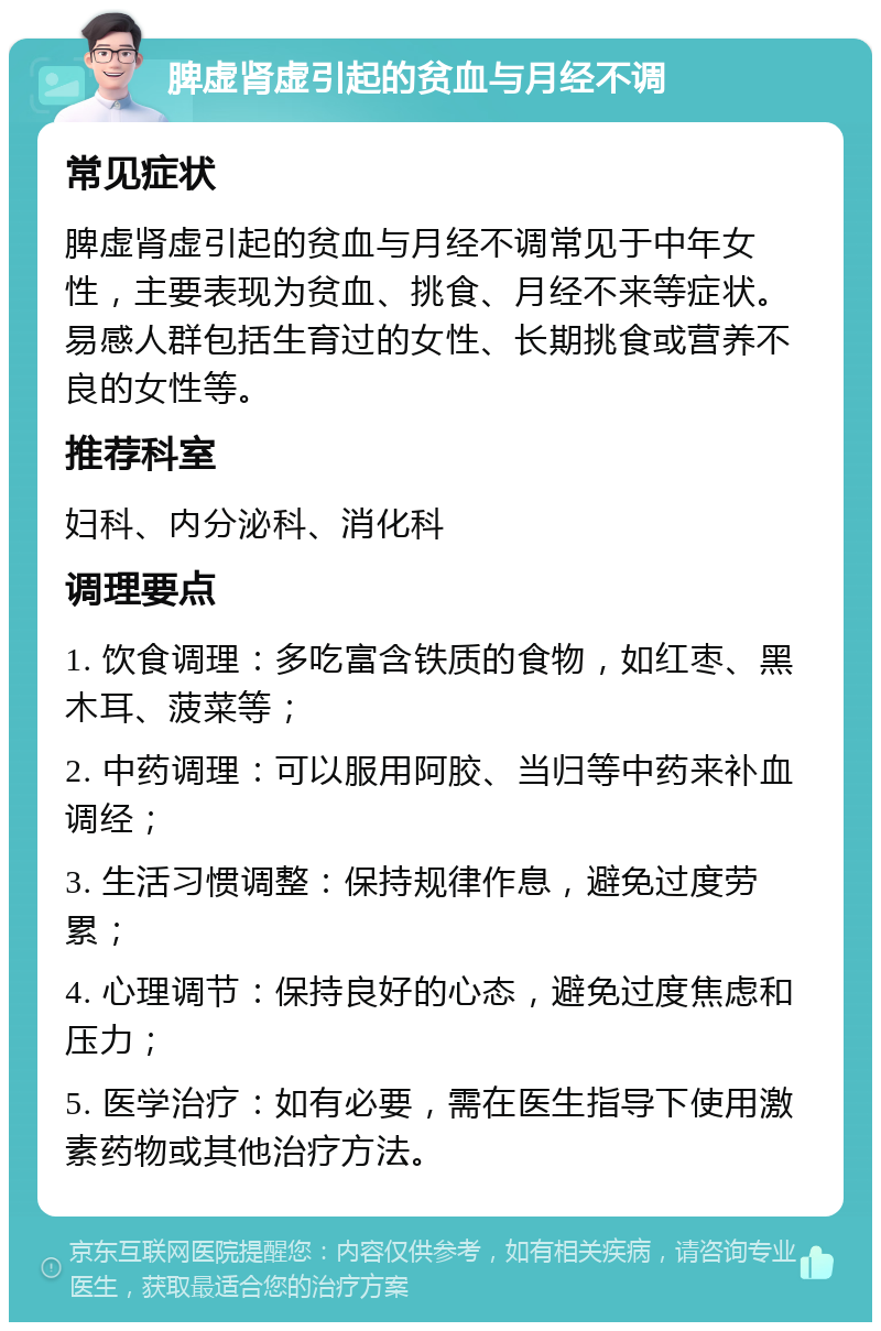 脾虚肾虚引起的贫血与月经不调 常见症状 脾虚肾虚引起的贫血与月经不调常见于中年女性，主要表现为贫血、挑食、月经不来等症状。易感人群包括生育过的女性、长期挑食或营养不良的女性等。 推荐科室 妇科、内分泌科、消化科 调理要点 1. 饮食调理：多吃富含铁质的食物，如红枣、黑木耳、菠菜等； 2. 中药调理：可以服用阿胶、当归等中药来补血调经； 3. 生活习惯调整：保持规律作息，避免过度劳累； 4. 心理调节：保持良好的心态，避免过度焦虑和压力； 5. 医学治疗：如有必要，需在医生指导下使用激素药物或其他治疗方法。