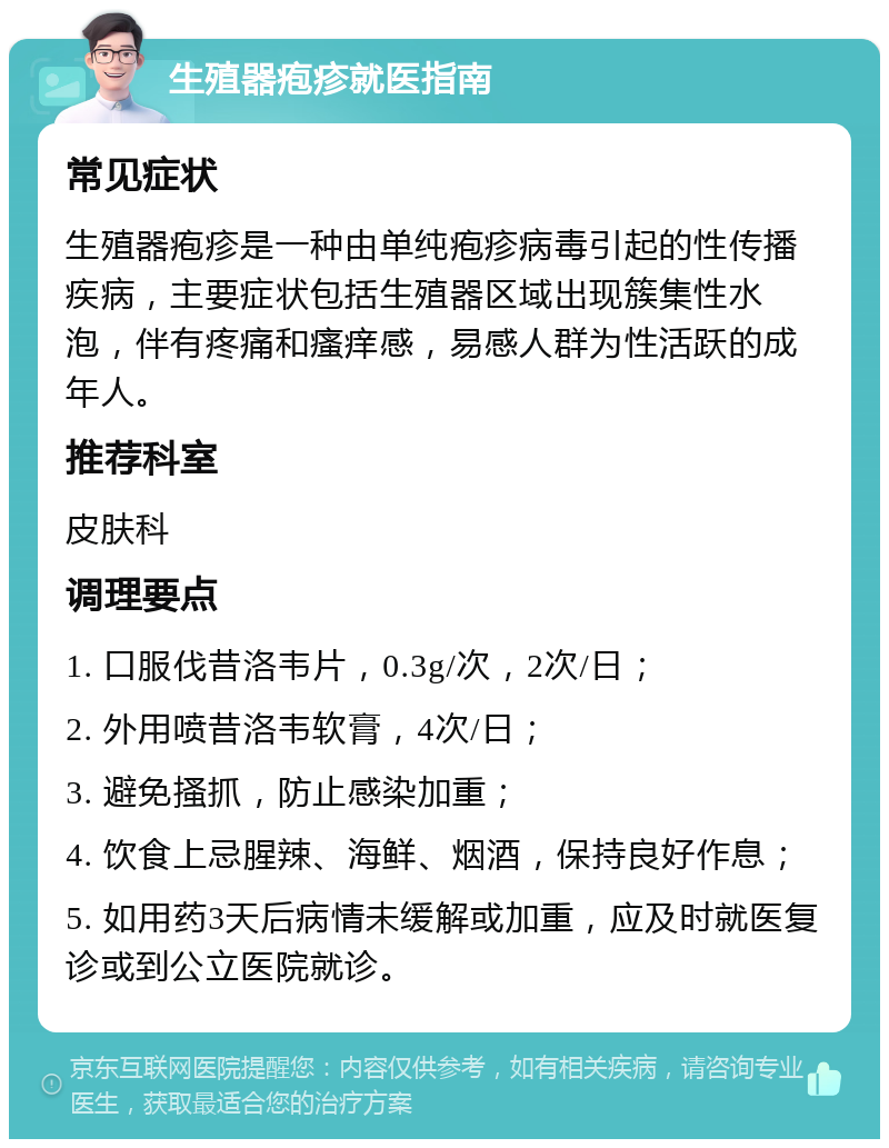 生殖器疱疹就医指南 常见症状 生殖器疱疹是一种由单纯疱疹病毒引起的性传播疾病，主要症状包括生殖器区域出现簇集性水泡，伴有疼痛和瘙痒感，易感人群为性活跃的成年人。 推荐科室 皮肤科 调理要点 1. 口服伐昔洛韦片，0.3g/次，2次/日； 2. 外用喷昔洛韦软膏，4次/日； 3. 避免搔抓，防止感染加重； 4. 饮食上忌腥辣、海鲜、烟酒，保持良好作息； 5. 如用药3天后病情未缓解或加重，应及时就医复诊或到公立医院就诊。