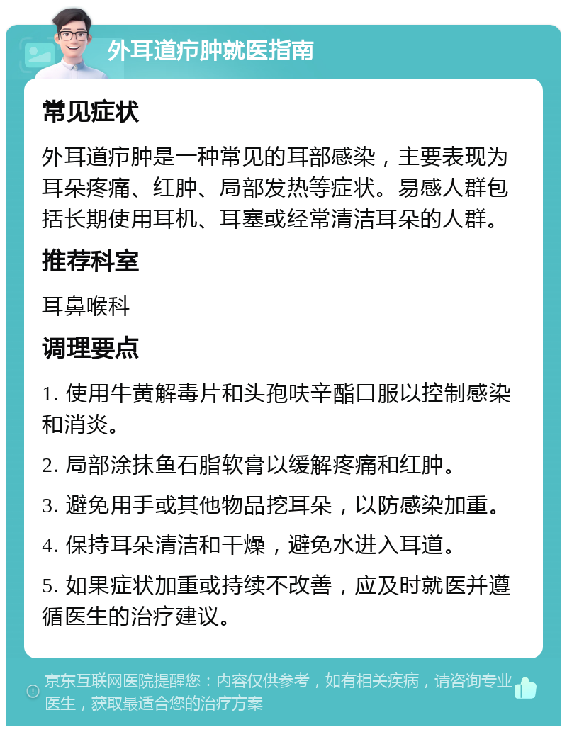 外耳道疖肿就医指南 常见症状 外耳道疖肿是一种常见的耳部感染，主要表现为耳朵疼痛、红肿、局部发热等症状。易感人群包括长期使用耳机、耳塞或经常清洁耳朵的人群。 推荐科室 耳鼻喉科 调理要点 1. 使用牛黄解毒片和头孢呋辛酯口服以控制感染和消炎。 2. 局部涂抹鱼石脂软膏以缓解疼痛和红肿。 3. 避免用手或其他物品挖耳朵，以防感染加重。 4. 保持耳朵清洁和干燥，避免水进入耳道。 5. 如果症状加重或持续不改善，应及时就医并遵循医生的治疗建议。