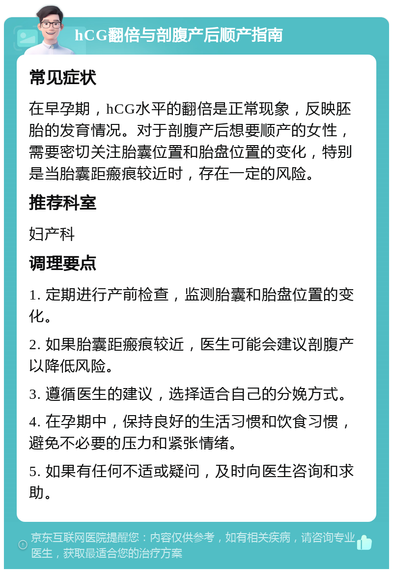 hCG翻倍与剖腹产后顺产指南 常见症状 在早孕期，hCG水平的翻倍是正常现象，反映胚胎的发育情况。对于剖腹产后想要顺产的女性，需要密切关注胎囊位置和胎盘位置的变化，特别是当胎囊距瘢痕较近时，存在一定的风险。 推荐科室 妇产科 调理要点 1. 定期进行产前检查，监测胎囊和胎盘位置的变化。 2. 如果胎囊距瘢痕较近，医生可能会建议剖腹产以降低风险。 3. 遵循医生的建议，选择适合自己的分娩方式。 4. 在孕期中，保持良好的生活习惯和饮食习惯，避免不必要的压力和紧张情绪。 5. 如果有任何不适或疑问，及时向医生咨询和求助。