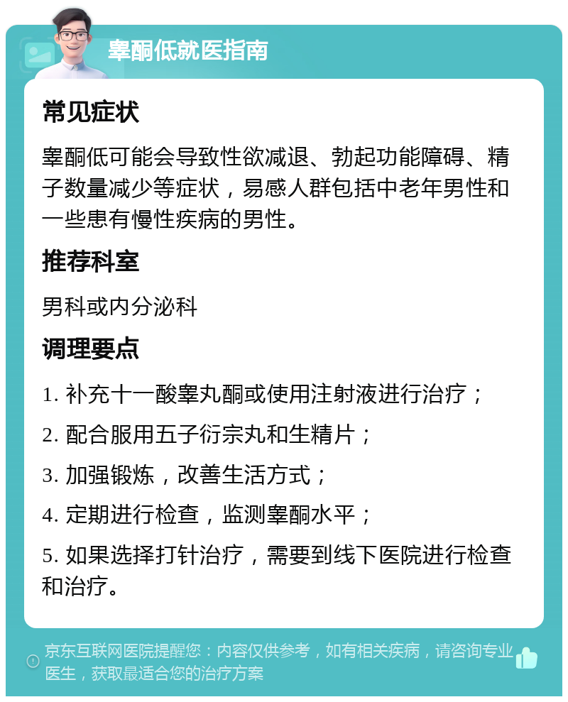 睾酮低就医指南 常见症状 睾酮低可能会导致性欲减退、勃起功能障碍、精子数量减少等症状，易感人群包括中老年男性和一些患有慢性疾病的男性。 推荐科室 男科或内分泌科 调理要点 1. 补充十一酸睾丸酮或使用注射液进行治疗； 2. 配合服用五子衍宗丸和生精片； 3. 加强锻炼，改善生活方式； 4. 定期进行检查，监测睾酮水平； 5. 如果选择打针治疗，需要到线下医院进行检查和治疗。