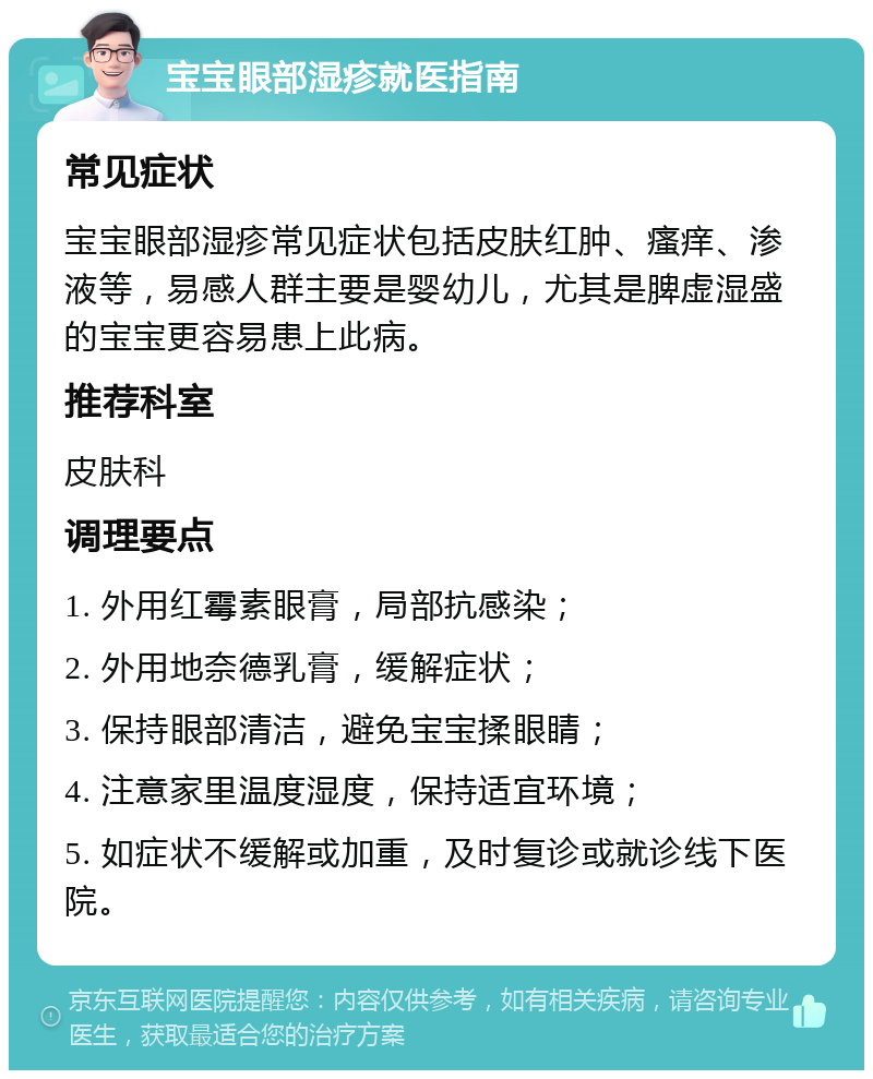 宝宝眼部湿疹就医指南 常见症状 宝宝眼部湿疹常见症状包括皮肤红肿、瘙痒、渗液等，易感人群主要是婴幼儿，尤其是脾虚湿盛的宝宝更容易患上此病。 推荐科室 皮肤科 调理要点 1. 外用红霉素眼膏，局部抗感染； 2. 外用地奈德乳膏，缓解症状； 3. 保持眼部清洁，避免宝宝揉眼睛； 4. 注意家里温度湿度，保持适宜环境； 5. 如症状不缓解或加重，及时复诊或就诊线下医院。