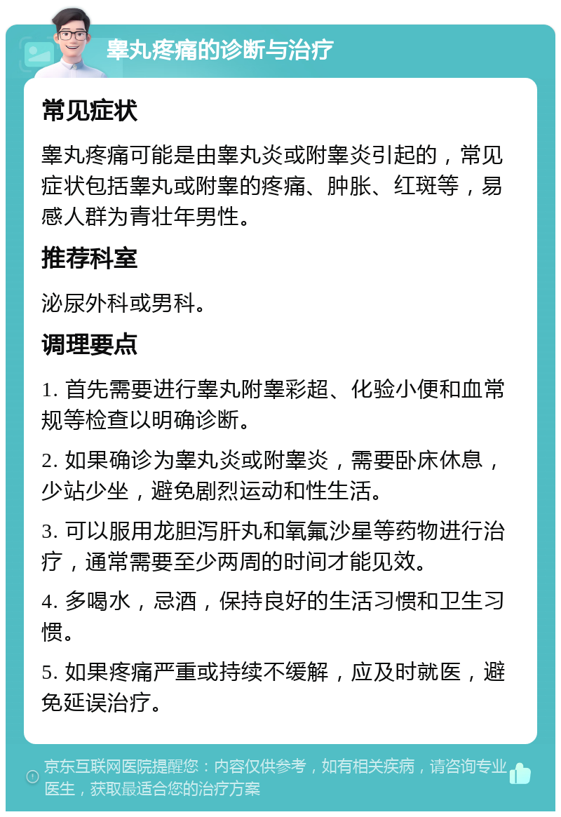 睾丸疼痛的诊断与治疗 常见症状 睾丸疼痛可能是由睾丸炎或附睾炎引起的，常见症状包括睾丸或附睾的疼痛、肿胀、红斑等，易感人群为青壮年男性。 推荐科室 泌尿外科或男科。 调理要点 1. 首先需要进行睾丸附睾彩超、化验小便和血常规等检查以明确诊断。 2. 如果确诊为睾丸炎或附睾炎，需要卧床休息，少站少坐，避免剧烈运动和性生活。 3. 可以服用龙胆泻肝丸和氧氟沙星等药物进行治疗，通常需要至少两周的时间才能见效。 4. 多喝水，忌酒，保持良好的生活习惯和卫生习惯。 5. 如果疼痛严重或持续不缓解，应及时就医，避免延误治疗。