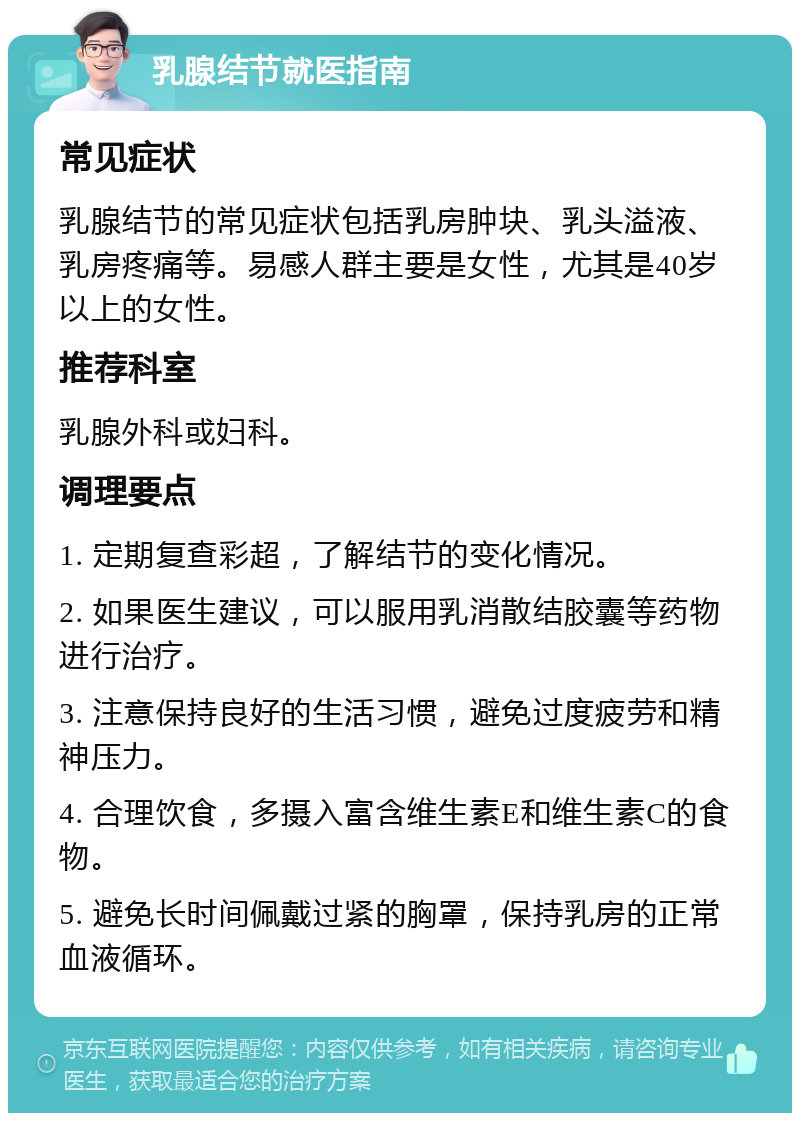 乳腺结节就医指南 常见症状 乳腺结节的常见症状包括乳房肿块、乳头溢液、乳房疼痛等。易感人群主要是女性，尤其是40岁以上的女性。 推荐科室 乳腺外科或妇科。 调理要点 1. 定期复查彩超，了解结节的变化情况。 2. 如果医生建议，可以服用乳消散结胶囊等药物进行治疗。 3. 注意保持良好的生活习惯，避免过度疲劳和精神压力。 4. 合理饮食，多摄入富含维生素E和维生素C的食物。 5. 避免长时间佩戴过紧的胸罩，保持乳房的正常血液循环。