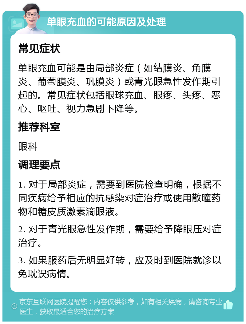 单眼充血的可能原因及处理 常见症状 单眼充血可能是由局部炎症（如结膜炎、角膜炎、葡萄膜炎、巩膜炎）或青光眼急性发作期引起的。常见症状包括眼球充血、眼疼、头疼、恶心、呕吐、视力急剧下降等。 推荐科室 眼科 调理要点 1. 对于局部炎症，需要到医院检查明确，根据不同疾病给予相应的抗感染对症治疗或使用散瞳药物和糖皮质激素滴眼液。 2. 对于青光眼急性发作期，需要给予降眼压对症治疗。 3. 如果服药后无明显好转，应及时到医院就诊以免耽误病情。