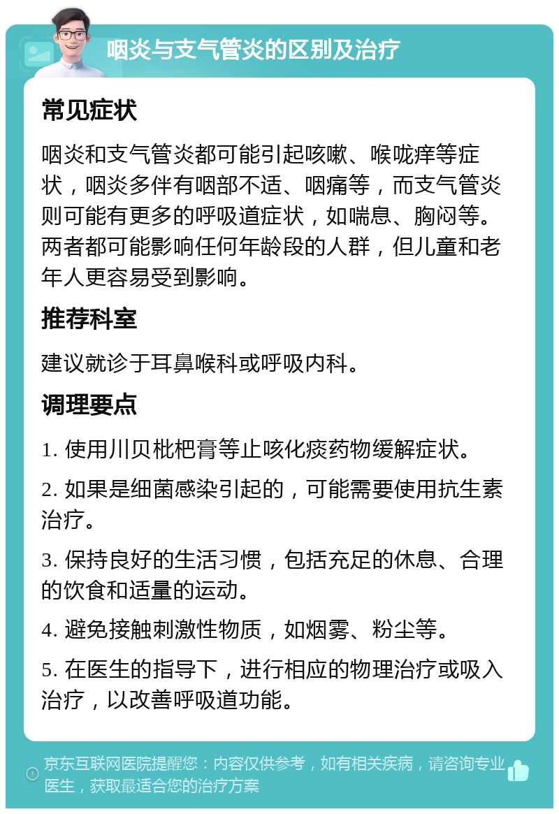 咽炎与支气管炎的区别及治疗 常见症状 咽炎和支气管炎都可能引起咳嗽、喉咙痒等症状，咽炎多伴有咽部不适、咽痛等，而支气管炎则可能有更多的呼吸道症状，如喘息、胸闷等。两者都可能影响任何年龄段的人群，但儿童和老年人更容易受到影响。 推荐科室 建议就诊于耳鼻喉科或呼吸内科。 调理要点 1. 使用川贝枇杷膏等止咳化痰药物缓解症状。 2. 如果是细菌感染引起的，可能需要使用抗生素治疗。 3. 保持良好的生活习惯，包括充足的休息、合理的饮食和适量的运动。 4. 避免接触刺激性物质，如烟雾、粉尘等。 5. 在医生的指导下，进行相应的物理治疗或吸入治疗，以改善呼吸道功能。