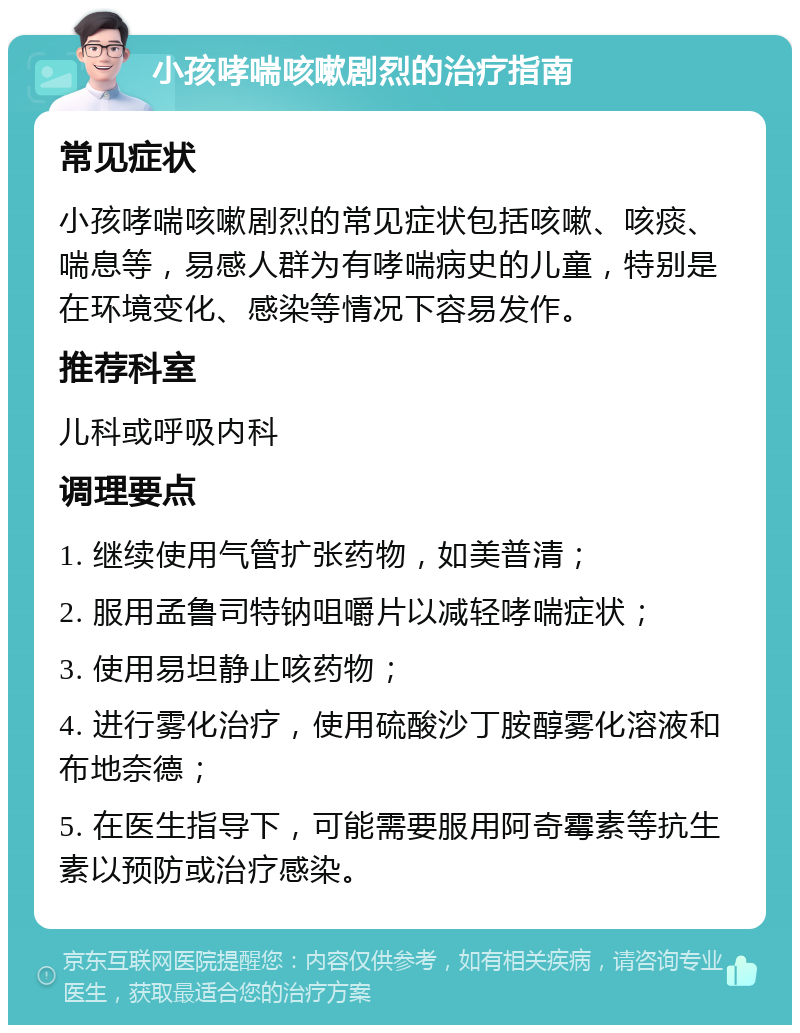 小孩哮喘咳嗽剧烈的治疗指南 常见症状 小孩哮喘咳嗽剧烈的常见症状包括咳嗽、咳痰、喘息等，易感人群为有哮喘病史的儿童，特别是在环境变化、感染等情况下容易发作。 推荐科室 儿科或呼吸内科 调理要点 1. 继续使用气管扩张药物，如美普清； 2. 服用孟鲁司特钠咀嚼片以减轻哮喘症状； 3. 使用易坦静止咳药物； 4. 进行雾化治疗，使用硫酸沙丁胺醇雾化溶液和布地奈德； 5. 在医生指导下，可能需要服用阿奇霉素等抗生素以预防或治疗感染。