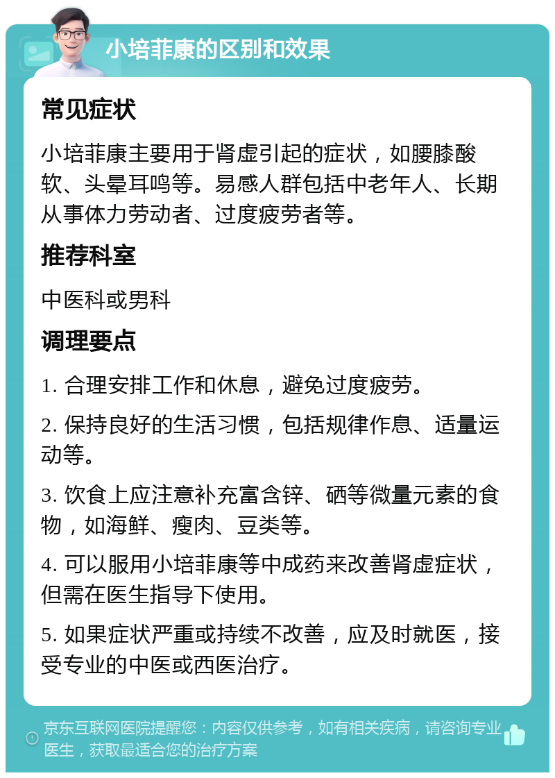 小培菲康的区别和效果 常见症状 小培菲康主要用于肾虚引起的症状，如腰膝酸软、头晕耳鸣等。易感人群包括中老年人、长期从事体力劳动者、过度疲劳者等。 推荐科室 中医科或男科 调理要点 1. 合理安排工作和休息，避免过度疲劳。 2. 保持良好的生活习惯，包括规律作息、适量运动等。 3. 饮食上应注意补充富含锌、硒等微量元素的食物，如海鲜、瘦肉、豆类等。 4. 可以服用小培菲康等中成药来改善肾虚症状，但需在医生指导下使用。 5. 如果症状严重或持续不改善，应及时就医，接受专业的中医或西医治疗。