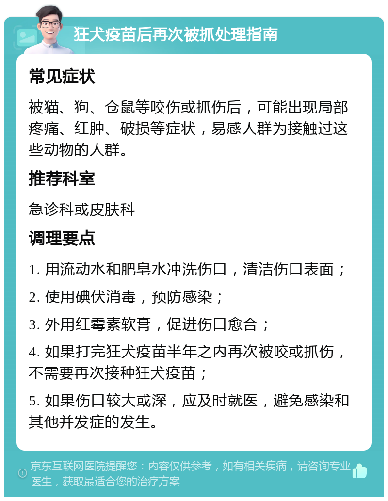 狂犬疫苗后再次被抓处理指南 常见症状 被猫、狗、仓鼠等咬伤或抓伤后，可能出现局部疼痛、红肿、破损等症状，易感人群为接触过这些动物的人群。 推荐科室 急诊科或皮肤科 调理要点 1. 用流动水和肥皂水冲洗伤口，清洁伤口表面； 2. 使用碘伏消毒，预防感染； 3. 外用红霉素软膏，促进伤口愈合； 4. 如果打完狂犬疫苗半年之内再次被咬或抓伤，不需要再次接种狂犬疫苗； 5. 如果伤口较大或深，应及时就医，避免感染和其他并发症的发生。