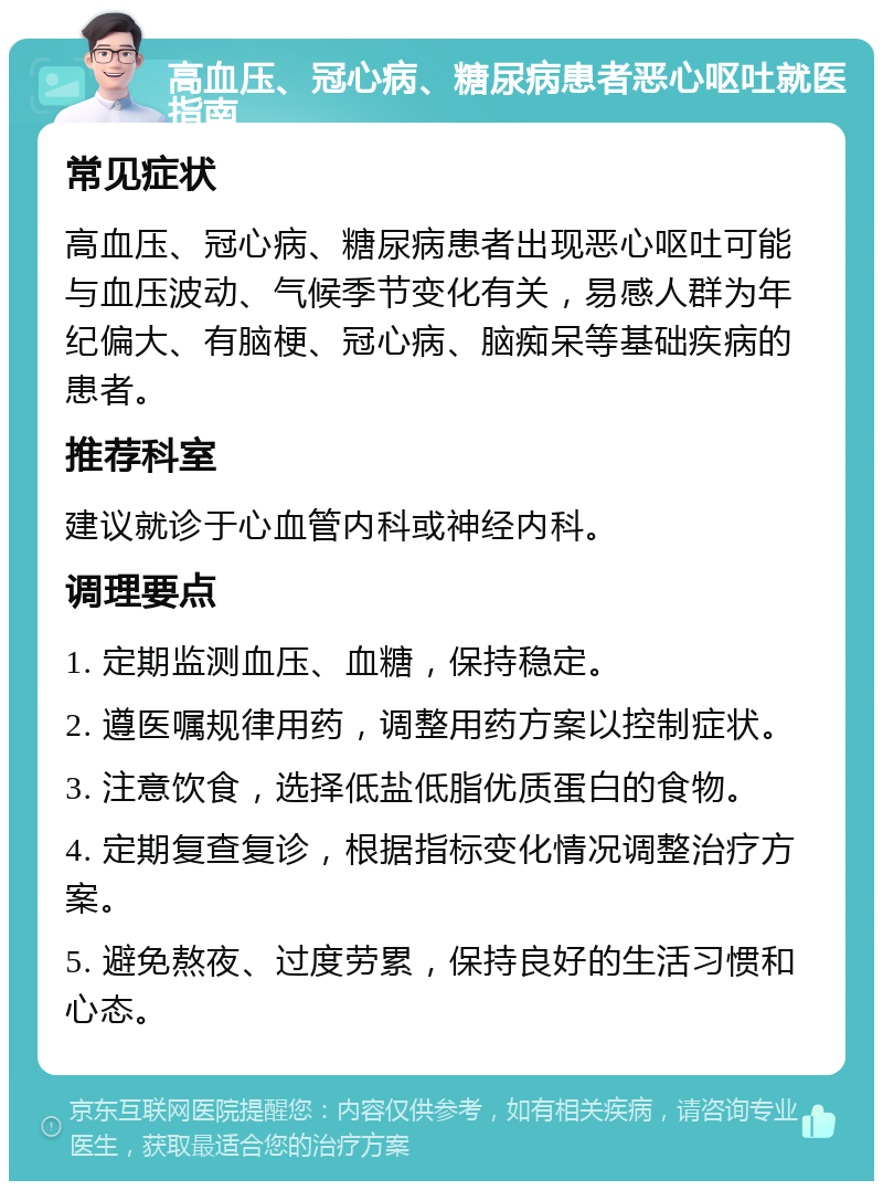 高血压、冠心病、糖尿病患者恶心呕吐就医指南 常见症状 高血压、冠心病、糖尿病患者出现恶心呕吐可能与血压波动、气候季节变化有关，易感人群为年纪偏大、有脑梗、冠心病、脑痴呆等基础疾病的患者。 推荐科室 建议就诊于心血管内科或神经内科。 调理要点 1. 定期监测血压、血糖，保持稳定。 2. 遵医嘱规律用药，调整用药方案以控制症状。 3. 注意饮食，选择低盐低脂优质蛋白的食物。 4. 定期复查复诊，根据指标变化情况调整治疗方案。 5. 避免熬夜、过度劳累，保持良好的生活习惯和心态。