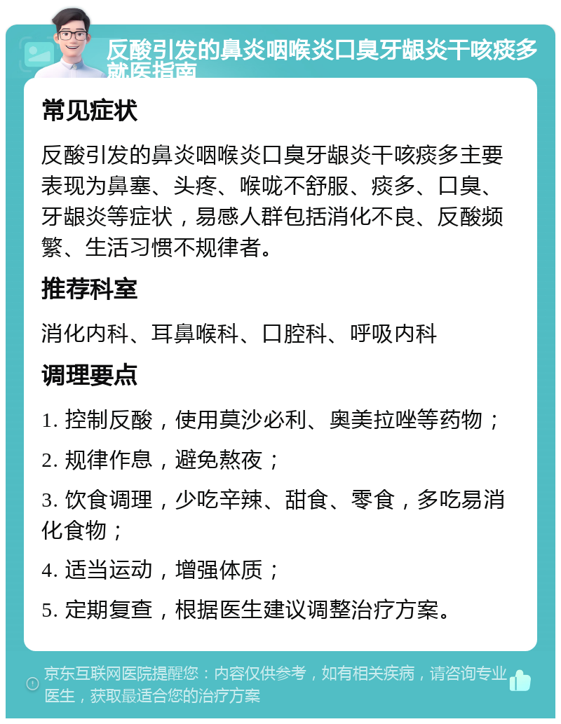 反酸引发的鼻炎咽喉炎口臭牙龈炎干咳痰多就医指南 常见症状 反酸引发的鼻炎咽喉炎口臭牙龈炎干咳痰多主要表现为鼻塞、头疼、喉咙不舒服、痰多、口臭、牙龈炎等症状，易感人群包括消化不良、反酸频繁、生活习惯不规律者。 推荐科室 消化内科、耳鼻喉科、口腔科、呼吸内科 调理要点 1. 控制反酸，使用莫沙必利、奥美拉唑等药物； 2. 规律作息，避免熬夜； 3. 饮食调理，少吃辛辣、甜食、零食，多吃易消化食物； 4. 适当运动，增强体质； 5. 定期复查，根据医生建议调整治疗方案。