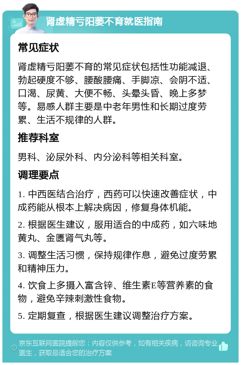 肾虚精亏阳萎不育就医指南 常见症状 肾虚精亏阳萎不育的常见症状包括性功能减退、勃起硬度不够、腰酸腰痛、手脚凉、会阴不适、口渴、尿黄、大便不畅、头晕头昏、晚上多梦等。易感人群主要是中老年男性和长期过度劳累、生活不规律的人群。 推荐科室 男科、泌尿外科、内分泌科等相关科室。 调理要点 1. 中西医结合治疗，西药可以快速改善症状，中成药能从根本上解决病因，修复身体机能。 2. 根据医生建议，服用适合的中成药，如六味地黄丸、金匮肾气丸等。 3. 调整生活习惯，保持规律作息，避免过度劳累和精神压力。 4. 饮食上多摄入富含锌、维生素E等营养素的食物，避免辛辣刺激性食物。 5. 定期复查，根据医生建议调整治疗方案。