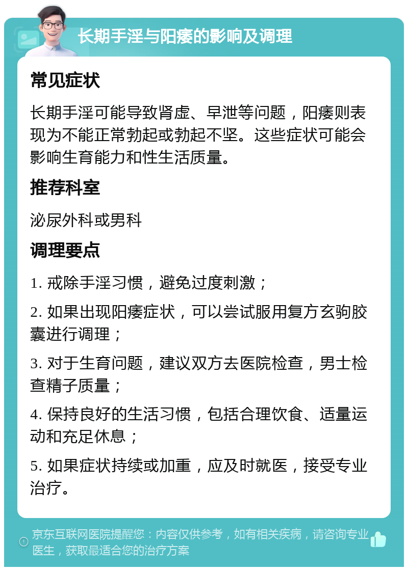 长期手淫与阳痿的影响及调理 常见症状 长期手淫可能导致肾虚、早泄等问题，阳痿则表现为不能正常勃起或勃起不坚。这些症状可能会影响生育能力和性生活质量。 推荐科室 泌尿外科或男科 调理要点 1. 戒除手淫习惯，避免过度刺激； 2. 如果出现阳痿症状，可以尝试服用复方玄驹胶囊进行调理； 3. 对于生育问题，建议双方去医院检查，男士检查精子质量； 4. 保持良好的生活习惯，包括合理饮食、适量运动和充足休息； 5. 如果症状持续或加重，应及时就医，接受专业治疗。