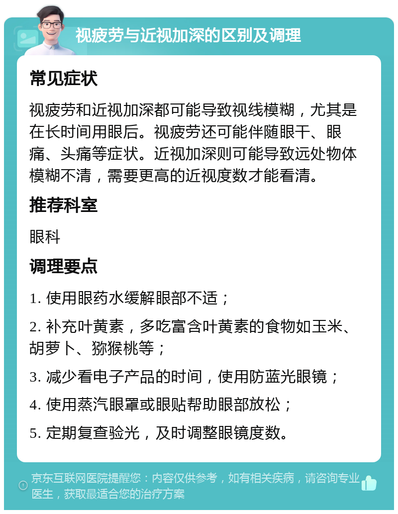 视疲劳与近视加深的区别及调理 常见症状 视疲劳和近视加深都可能导致视线模糊，尤其是在长时间用眼后。视疲劳还可能伴随眼干、眼痛、头痛等症状。近视加深则可能导致远处物体模糊不清，需要更高的近视度数才能看清。 推荐科室 眼科 调理要点 1. 使用眼药水缓解眼部不适； 2. 补充叶黄素，多吃富含叶黄素的食物如玉米、胡萝卜、猕猴桃等； 3. 减少看电子产品的时间，使用防蓝光眼镜； 4. 使用蒸汽眼罩或眼贴帮助眼部放松； 5. 定期复查验光，及时调整眼镜度数。