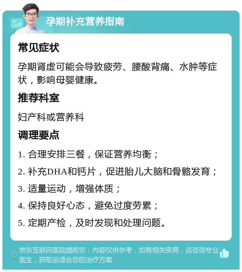 孕期补充营养指南 常见症状 孕期肾虚可能会导致疲劳、腰酸背痛、水肿等症状，影响母婴健康。 推荐科室 妇产科或营养科 调理要点 1. 合理安排三餐，保证营养均衡； 2. 补充DHA和钙片，促进胎儿大脑和骨骼发育； 3. 适量运动，增强体质； 4. 保持良好心态，避免过度劳累； 5. 定期产检，及时发现和处理问题。