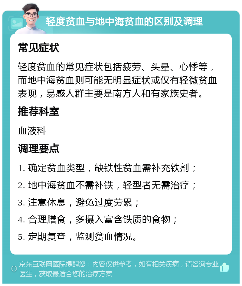 轻度贫血与地中海贫血的区别及调理 常见症状 轻度贫血的常见症状包括疲劳、头晕、心悸等，而地中海贫血则可能无明显症状或仅有轻微贫血表现，易感人群主要是南方人和有家族史者。 推荐科室 血液科 调理要点 1. 确定贫血类型，缺铁性贫血需补充铁剂； 2. 地中海贫血不需补铁，轻型者无需治疗； 3. 注意休息，避免过度劳累； 4. 合理膳食，多摄入富含铁质的食物； 5. 定期复查，监测贫血情况。