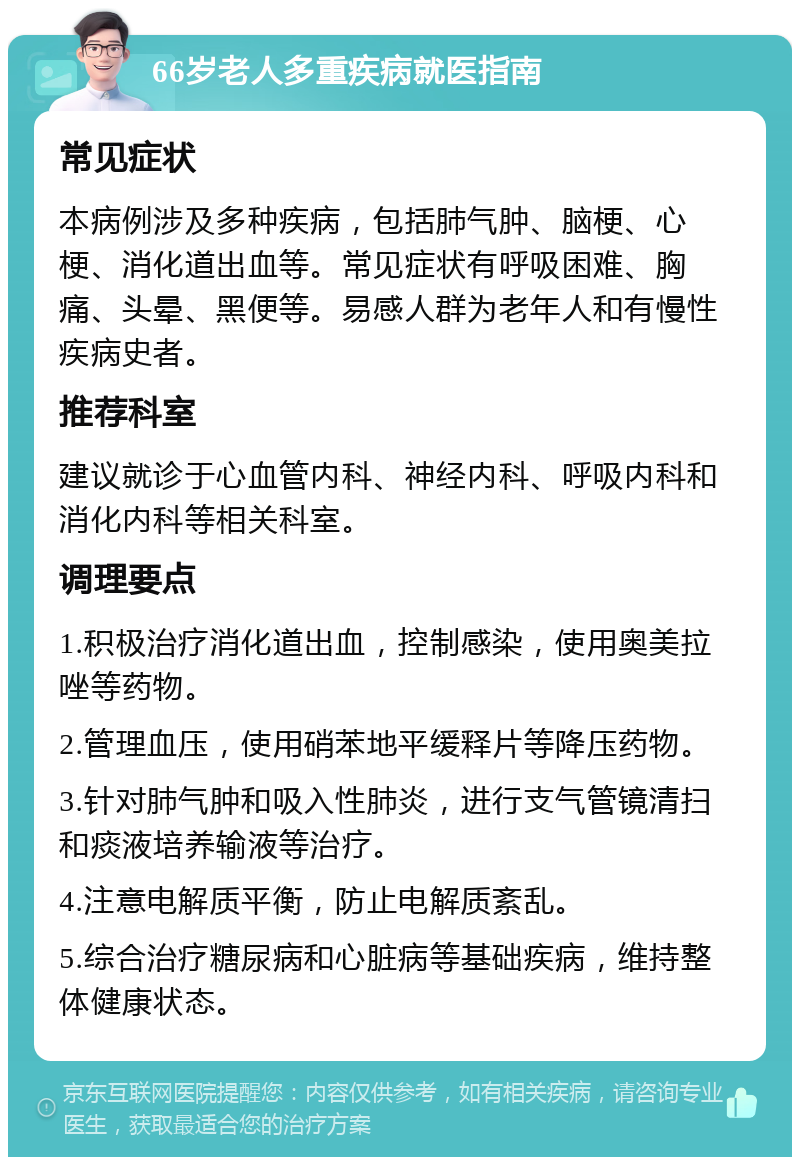 66岁老人多重疾病就医指南 常见症状 本病例涉及多种疾病，包括肺气肿、脑梗、心梗、消化道出血等。常见症状有呼吸困难、胸痛、头晕、黑便等。易感人群为老年人和有慢性疾病史者。 推荐科室 建议就诊于心血管内科、神经内科、呼吸内科和消化内科等相关科室。 调理要点 1.积极治疗消化道出血，控制感染，使用奥美拉唑等药物。 2.管理血压，使用硝苯地平缓释片等降压药物。 3.针对肺气肿和吸入性肺炎，进行支气管镜清扫和痰液培养输液等治疗。 4.注意电解质平衡，防止电解质紊乱。 5.综合治疗糖尿病和心脏病等基础疾病，维持整体健康状态。