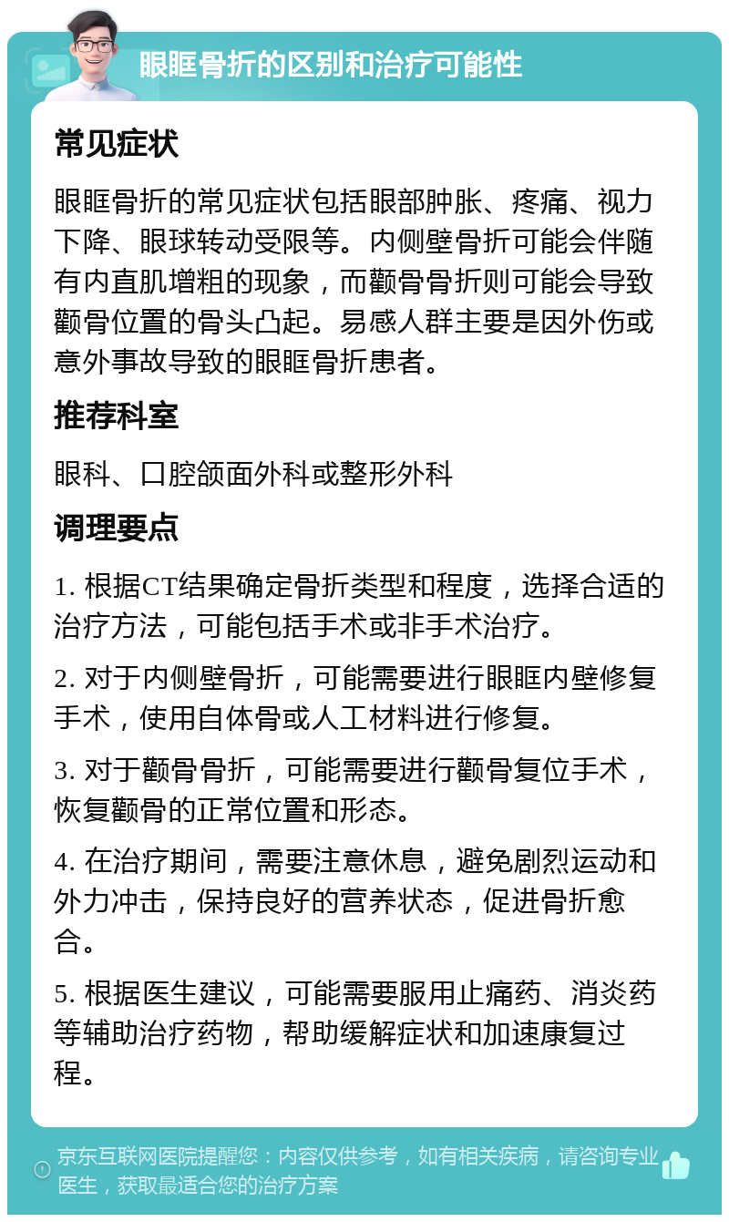 眼眶骨折的区别和治疗可能性 常见症状 眼眶骨折的常见症状包括眼部肿胀、疼痛、视力下降、眼球转动受限等。内侧壁骨折可能会伴随有内直肌增粗的现象，而颧骨骨折则可能会导致颧骨位置的骨头凸起。易感人群主要是因外伤或意外事故导致的眼眶骨折患者。 推荐科室 眼科、口腔颌面外科或整形外科 调理要点 1. 根据CT结果确定骨折类型和程度，选择合适的治疗方法，可能包括手术或非手术治疗。 2. 对于内侧壁骨折，可能需要进行眼眶内壁修复手术，使用自体骨或人工材料进行修复。 3. 对于颧骨骨折，可能需要进行颧骨复位手术，恢复颧骨的正常位置和形态。 4. 在治疗期间，需要注意休息，避免剧烈运动和外力冲击，保持良好的营养状态，促进骨折愈合。 5. 根据医生建议，可能需要服用止痛药、消炎药等辅助治疗药物，帮助缓解症状和加速康复过程。