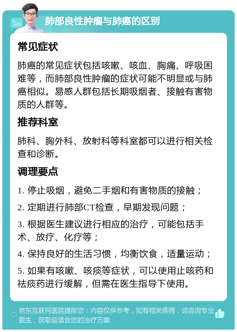 肺部良性肿瘤与肺癌的区别 常见症状 肺癌的常见症状包括咳嗽、咳血、胸痛、呼吸困难等，而肺部良性肿瘤的症状可能不明显或与肺癌相似。易感人群包括长期吸烟者、接触有害物质的人群等。 推荐科室 肺科、胸外科、放射科等科室都可以进行相关检查和诊断。 调理要点 1. 停止吸烟，避免二手烟和有害物质的接触； 2. 定期进行肺部CT检查，早期发现问题； 3. 根据医生建议进行相应的治疗，可能包括手术、放疗、化疗等； 4. 保持良好的生活习惯，均衡饮食，适量运动； 5. 如果有咳嗽、咳痰等症状，可以使用止咳药和祛痰药进行缓解，但需在医生指导下使用。