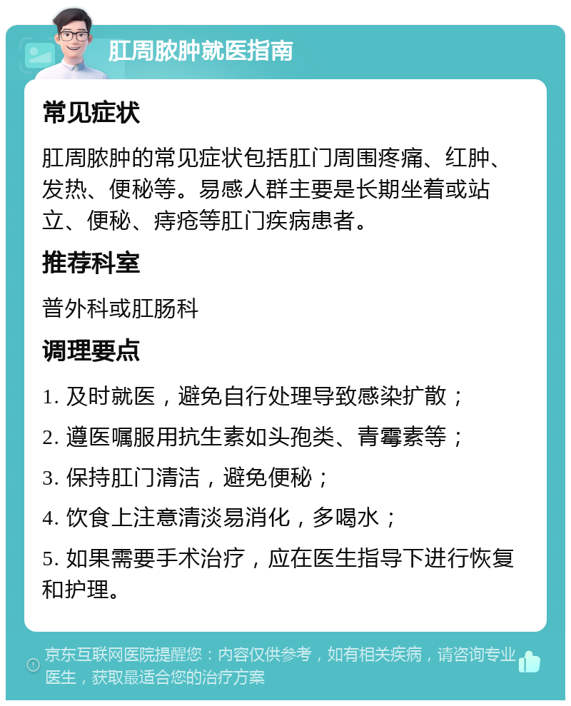 肛周脓肿就医指南 常见症状 肛周脓肿的常见症状包括肛门周围疼痛、红肿、发热、便秘等。易感人群主要是长期坐着或站立、便秘、痔疮等肛门疾病患者。 推荐科室 普外科或肛肠科 调理要点 1. 及时就医，避免自行处理导致感染扩散； 2. 遵医嘱服用抗生素如头孢类、青霉素等； 3. 保持肛门清洁，避免便秘； 4. 饮食上注意清淡易消化，多喝水； 5. 如果需要手术治疗，应在医生指导下进行恢复和护理。