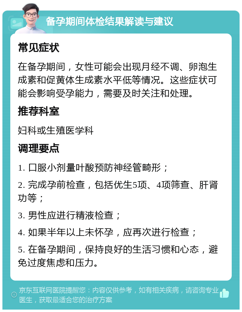 备孕期间体检结果解读与建议 常见症状 在备孕期间，女性可能会出现月经不调、卵泡生成素和促黄体生成素水平低等情况。这些症状可能会影响受孕能力，需要及时关注和处理。 推荐科室 妇科或生殖医学科 调理要点 1. 口服小剂量叶酸预防神经管畸形； 2. 完成孕前检查，包括优生5项、4项筛查、肝肾功等； 3. 男性应进行精液检查； 4. 如果半年以上未怀孕，应再次进行检查； 5. 在备孕期间，保持良好的生活习惯和心态，避免过度焦虑和压力。