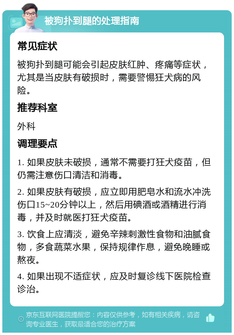 被狗扑到腿的处理指南 常见症状 被狗扑到腿可能会引起皮肤红肿、疼痛等症状，尤其是当皮肤有破损时，需要警惕狂犬病的风险。 推荐科室 外科 调理要点 1. 如果皮肤未破损，通常不需要打狂犬疫苗，但仍需注意伤口清洁和消毒。 2. 如果皮肤有破损，应立即用肥皂水和流水冲洗伤口15~20分钟以上，然后用碘酒或酒精进行消毒，并及时就医打狂犬疫苗。 3. 饮食上应清淡，避免辛辣刺激性食物和油腻食物，多食蔬菜水果，保持规律作息，避免晚睡或熬夜。 4. 如果出现不适症状，应及时复诊线下医院检查诊治。