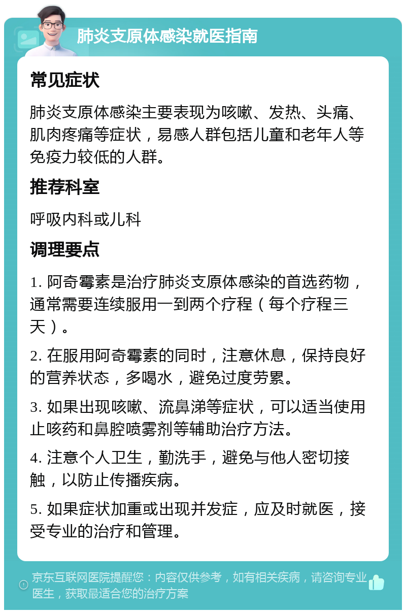 肺炎支原体感染就医指南 常见症状 肺炎支原体感染主要表现为咳嗽、发热、头痛、肌肉疼痛等症状，易感人群包括儿童和老年人等免疫力较低的人群。 推荐科室 呼吸内科或儿科 调理要点 1. 阿奇霉素是治疗肺炎支原体感染的首选药物，通常需要连续服用一到两个疗程（每个疗程三天）。 2. 在服用阿奇霉素的同时，注意休息，保持良好的营养状态，多喝水，避免过度劳累。 3. 如果出现咳嗽、流鼻涕等症状，可以适当使用止咳药和鼻腔喷雾剂等辅助治疗方法。 4. 注意个人卫生，勤洗手，避免与他人密切接触，以防止传播疾病。 5. 如果症状加重或出现并发症，应及时就医，接受专业的治疗和管理。