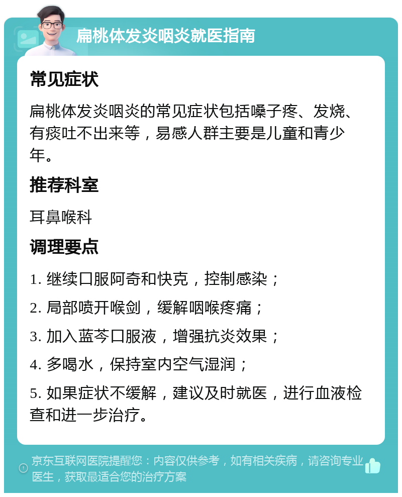 扁桃体发炎咽炎就医指南 常见症状 扁桃体发炎咽炎的常见症状包括嗓子疼、发烧、有痰吐不出来等，易感人群主要是儿童和青少年。 推荐科室 耳鼻喉科 调理要点 1. 继续口服阿奇和快克，控制感染； 2. 局部喷开喉剑，缓解咽喉疼痛； 3. 加入蓝芩口服液，增强抗炎效果； 4. 多喝水，保持室内空气湿润； 5. 如果症状不缓解，建议及时就医，进行血液检查和进一步治疗。