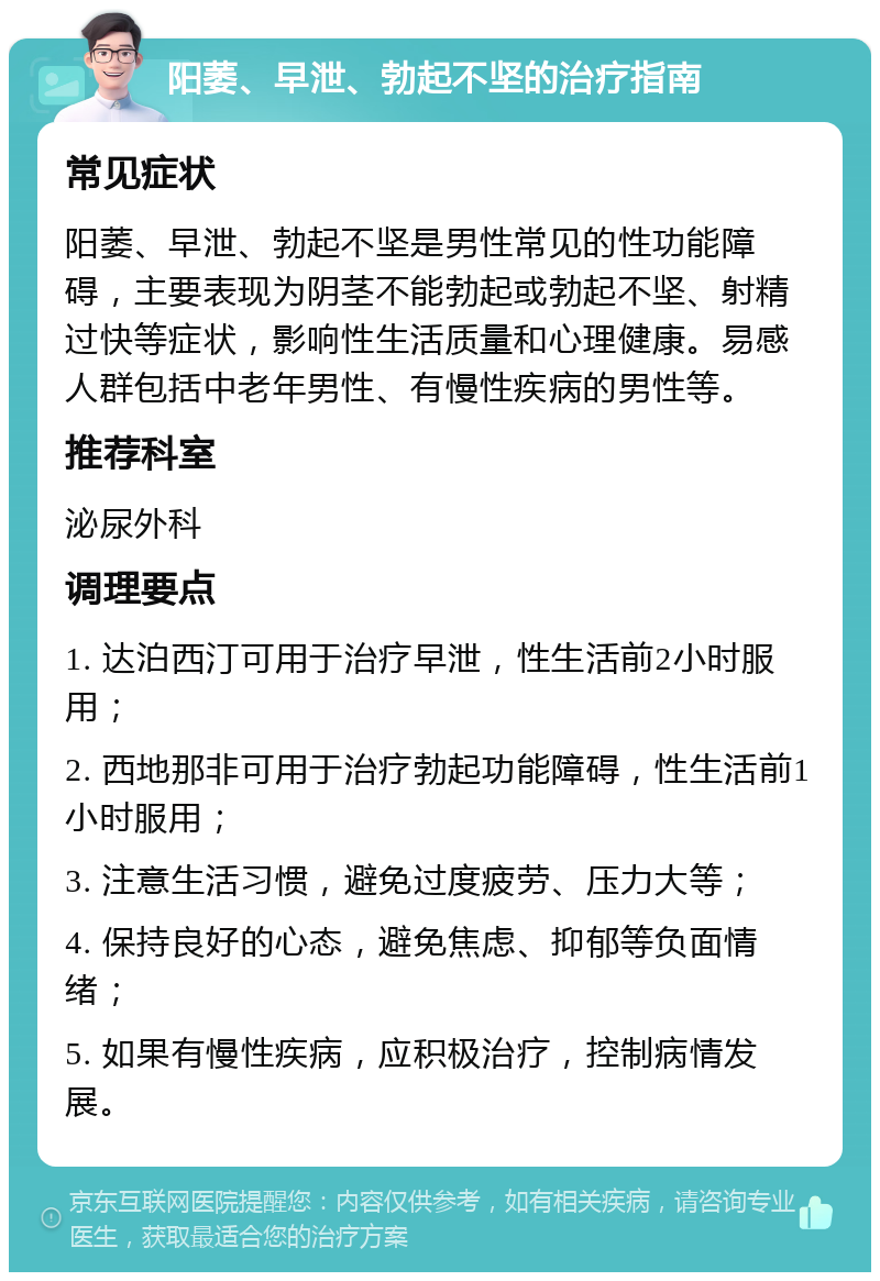 阳萎、早泄、勃起不坚的治疗指南 常见症状 阳萎、早泄、勃起不坚是男性常见的性功能障碍，主要表现为阴茎不能勃起或勃起不坚、射精过快等症状，影响性生活质量和心理健康。易感人群包括中老年男性、有慢性疾病的男性等。 推荐科室 泌尿外科 调理要点 1. 达泊西汀可用于治疗早泄，性生活前2小时服用； 2. 西地那非可用于治疗勃起功能障碍，性生活前1小时服用； 3. 注意生活习惯，避免过度疲劳、压力大等； 4. 保持良好的心态，避免焦虑、抑郁等负面情绪； 5. 如果有慢性疾病，应积极治疗，控制病情发展。