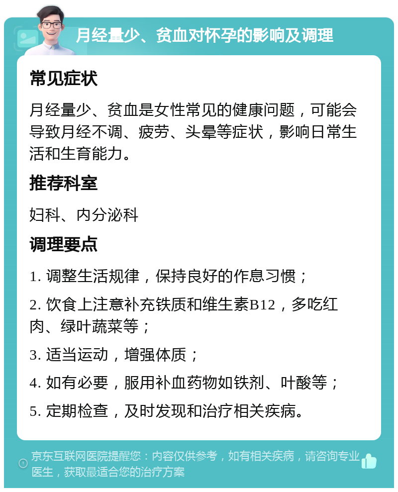 月经量少、贫血对怀孕的影响及调理 常见症状 月经量少、贫血是女性常见的健康问题，可能会导致月经不调、疲劳、头晕等症状，影响日常生活和生育能力。 推荐科室 妇科、内分泌科 调理要点 1. 调整生活规律，保持良好的作息习惯； 2. 饮食上注意补充铁质和维生素B12，多吃红肉、绿叶蔬菜等； 3. 适当运动，增强体质； 4. 如有必要，服用补血药物如铁剂、叶酸等； 5. 定期检查，及时发现和治疗相关疾病。