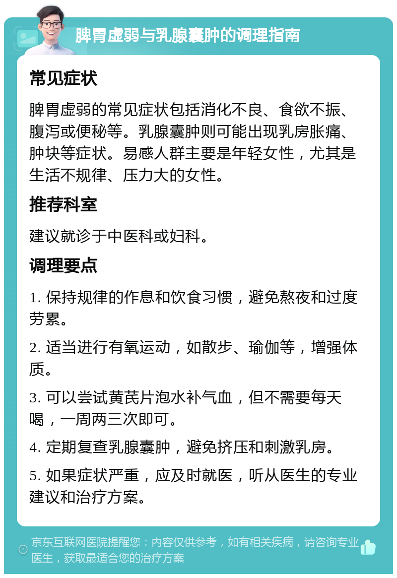 脾胃虚弱与乳腺囊肿的调理指南 常见症状 脾胃虚弱的常见症状包括消化不良、食欲不振、腹泻或便秘等。乳腺囊肿则可能出现乳房胀痛、肿块等症状。易感人群主要是年轻女性，尤其是生活不规律、压力大的女性。 推荐科室 建议就诊于中医科或妇科。 调理要点 1. 保持规律的作息和饮食习惯，避免熬夜和过度劳累。 2. 适当进行有氧运动，如散步、瑜伽等，增强体质。 3. 可以尝试黄芪片泡水补气血，但不需要每天喝，一周两三次即可。 4. 定期复查乳腺囊肿，避免挤压和刺激乳房。 5. 如果症状严重，应及时就医，听从医生的专业建议和治疗方案。