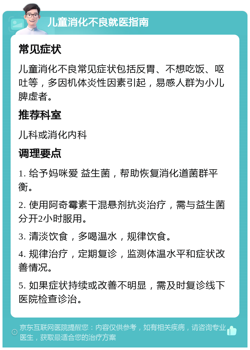 儿童消化不良就医指南 常见症状 儿童消化不良常见症状包括反胃、不想吃饭、呕吐等，多因机体炎性因素引起，易感人群为小儿脾虚者。 推荐科室 儿科或消化内科 调理要点 1. 给予妈咪爱 益生菌，帮助恢复消化道菌群平衡。 2. 使用阿奇霉素干混悬剂抗炎治疗，需与益生菌分开2小时服用。 3. 清淡饮食，多喝温水，规律饮食。 4. 规律治疗，定期复诊，监测体温水平和症状改善情况。 5. 如果症状持续或改善不明显，需及时复诊线下医院检查诊治。