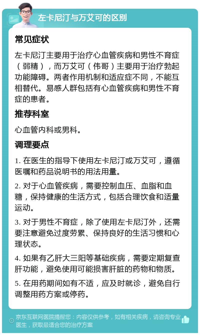 左卡尼汀与万艾可的区别 常见症状 左卡尼汀主要用于治疗心血管疾病和男性不育症（弱精），而万艾可（伟哥）主要用于治疗勃起功能障碍。两者作用机制和适应症不同，不能互相替代。易感人群包括有心血管疾病和男性不育症的患者。 推荐科室 心血管内科或男科。 调理要点 1. 在医生的指导下使用左卡尼汀或万艾可，遵循医嘱和药品说明书的用法用量。 2. 对于心血管疾病，需要控制血压、血脂和血糖，保持健康的生活方式，包括合理饮食和适量运动。 3. 对于男性不育症，除了使用左卡尼汀外，还需要注意避免过度劳累、保持良好的生活习惯和心理状态。 4. 如果有乙肝大三阳等基础疾病，需要定期复查肝功能，避免使用可能损害肝脏的药物和物质。 5. 在用药期间如有不适，应及时就诊，避免自行调整用药方案或停药。