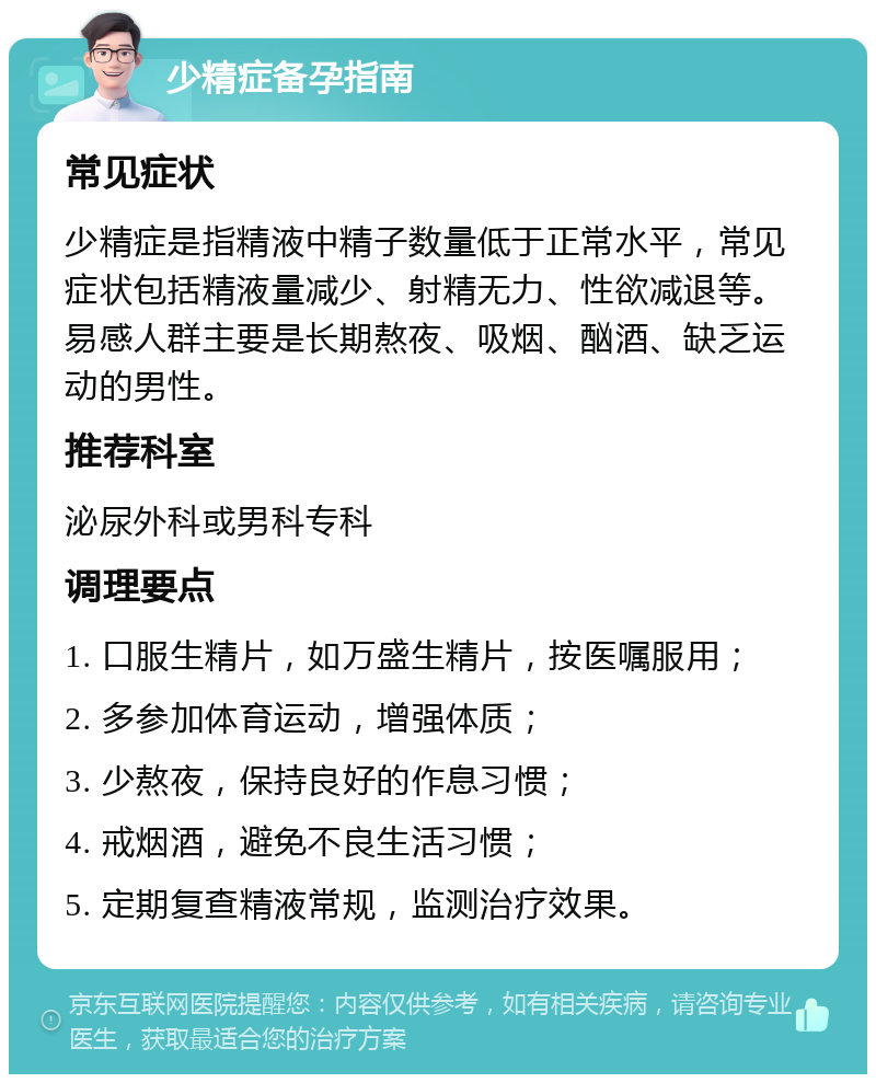 少精症备孕指南 常见症状 少精症是指精液中精子数量低于正常水平，常见症状包括精液量减少、射精无力、性欲减退等。易感人群主要是长期熬夜、吸烟、酗酒、缺乏运动的男性。 推荐科室 泌尿外科或男科专科 调理要点 1. 口服生精片，如万盛生精片，按医嘱服用； 2. 多参加体育运动，增强体质； 3. 少熬夜，保持良好的作息习惯； 4. 戒烟酒，避免不良生活习惯； 5. 定期复查精液常规，监测治疗效果。