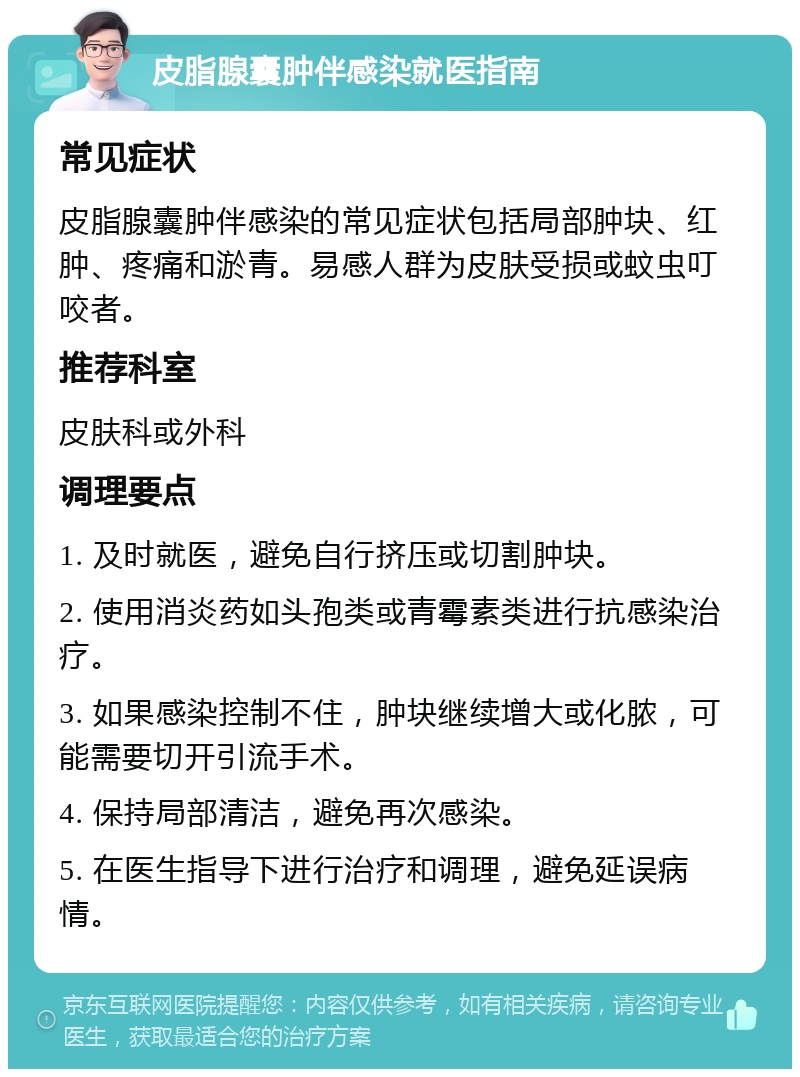 皮脂腺囊肿伴感染就医指南 常见症状 皮脂腺囊肿伴感染的常见症状包括局部肿块、红肿、疼痛和淤青。易感人群为皮肤受损或蚊虫叮咬者。 推荐科室 皮肤科或外科 调理要点 1. 及时就医，避免自行挤压或切割肿块。 2. 使用消炎药如头孢类或青霉素类进行抗感染治疗。 3. 如果感染控制不住，肿块继续增大或化脓，可能需要切开引流手术。 4. 保持局部清洁，避免再次感染。 5. 在医生指导下进行治疗和调理，避免延误病情。