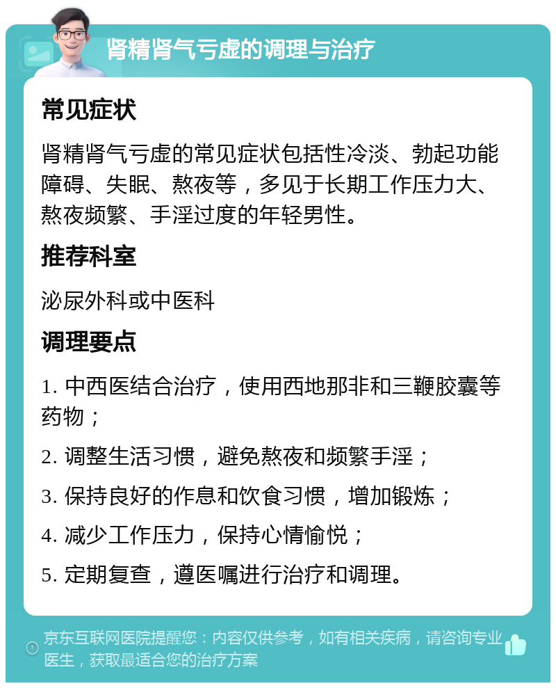 肾精肾气亏虚的调理与治疗 常见症状 肾精肾气亏虚的常见症状包括性冷淡、勃起功能障碍、失眠、熬夜等，多见于长期工作压力大、熬夜频繁、手淫过度的年轻男性。 推荐科室 泌尿外科或中医科 调理要点 1. 中西医结合治疗，使用西地那非和三鞭胶囊等药物； 2. 调整生活习惯，避免熬夜和频繁手淫； 3. 保持良好的作息和饮食习惯，增加锻炼； 4. 减少工作压力，保持心情愉悦； 5. 定期复查，遵医嘱进行治疗和调理。