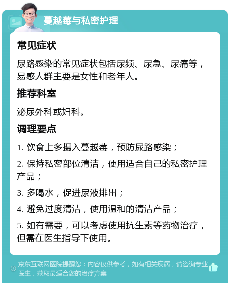 蔓越莓与私密护理 常见症状 尿路感染的常见症状包括尿频、尿急、尿痛等，易感人群主要是女性和老年人。 推荐科室 泌尿外科或妇科。 调理要点 1. 饮食上多摄入蔓越莓，预防尿路感染； 2. 保持私密部位清洁，使用适合自己的私密护理产品； 3. 多喝水，促进尿液排出； 4. 避免过度清洁，使用温和的清洁产品； 5. 如有需要，可以考虑使用抗生素等药物治疗，但需在医生指导下使用。