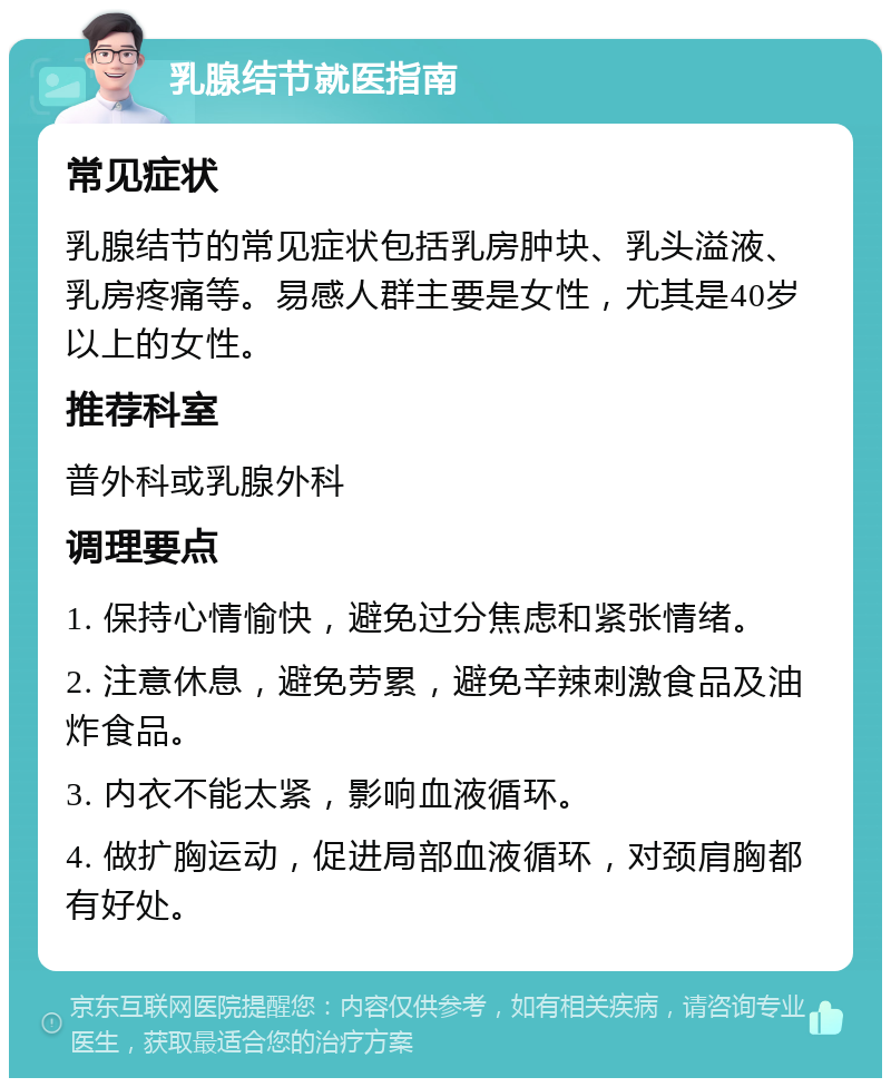 乳腺结节就医指南 常见症状 乳腺结节的常见症状包括乳房肿块、乳头溢液、乳房疼痛等。易感人群主要是女性，尤其是40岁以上的女性。 推荐科室 普外科或乳腺外科 调理要点 1. 保持心情愉快，避免过分焦虑和紧张情绪。 2. 注意休息，避免劳累，避免辛辣刺激食品及油炸食品。 3. 内衣不能太紧，影响血液循环。 4. 做扩胸运动，促进局部血液循环，对颈肩胸都有好处。