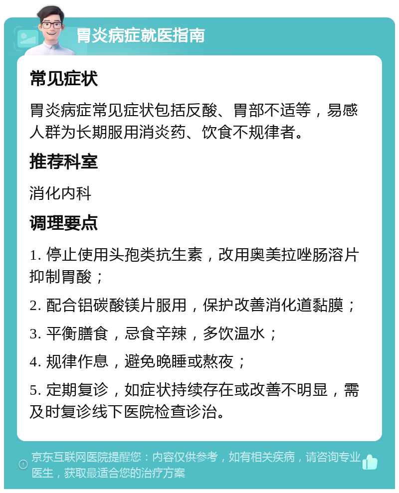 胃炎病症就医指南 常见症状 胃炎病症常见症状包括反酸、胃部不适等，易感人群为长期服用消炎药、饮食不规律者。 推荐科室 消化内科 调理要点 1. 停止使用头孢类抗生素，改用奥美拉唑肠溶片抑制胃酸； 2. 配合铝碳酸镁片服用，保护改善消化道黏膜； 3. 平衡膳食，忌食辛辣，多饮温水； 4. 规律作息，避免晚睡或熬夜； 5. 定期复诊，如症状持续存在或改善不明显，需及时复诊线下医院检查诊治。