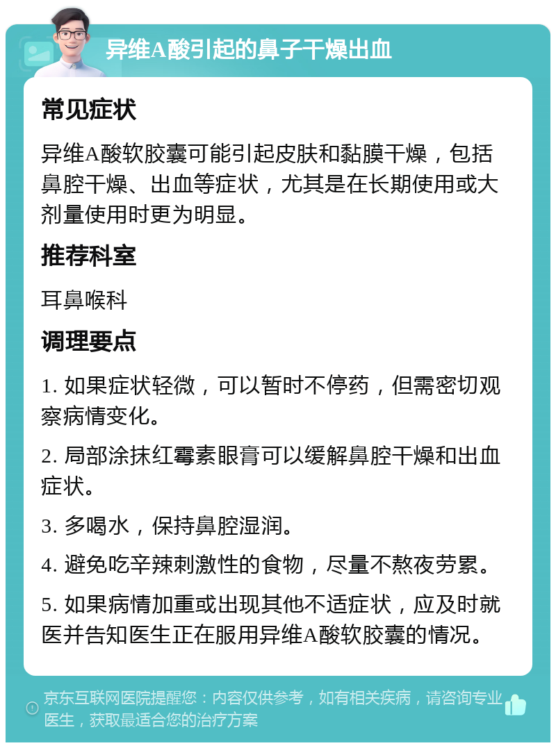 异维A酸引起的鼻子干燥出血 常见症状 异维A酸软胶囊可能引起皮肤和黏膜干燥，包括鼻腔干燥、出血等症状，尤其是在长期使用或大剂量使用时更为明显。 推荐科室 耳鼻喉科 调理要点 1. 如果症状轻微，可以暂时不停药，但需密切观察病情变化。 2. 局部涂抹红霉素眼膏可以缓解鼻腔干燥和出血症状。 3. 多喝水，保持鼻腔湿润。 4. 避免吃辛辣刺激性的食物，尽量不熬夜劳累。 5. 如果病情加重或出现其他不适症状，应及时就医并告知医生正在服用异维A酸软胶囊的情况。