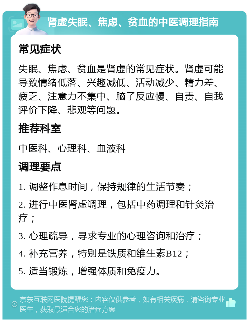 肾虚失眠、焦虑、贫血的中医调理指南 常见症状 失眠、焦虑、贫血是肾虚的常见症状。肾虚可能导致情绪低落、兴趣减低、活动减少、精力差、疲乏、注意力不集中、脑子反应慢、自责、自我评价下降、悲观等问题。 推荐科室 中医科、心理科、血液科 调理要点 1. 调整作息时间，保持规律的生活节奏； 2. 进行中医肾虚调理，包括中药调理和针灸治疗； 3. 心理疏导，寻求专业的心理咨询和治疗； 4. 补充营养，特别是铁质和维生素B12； 5. 适当锻炼，增强体质和免疫力。