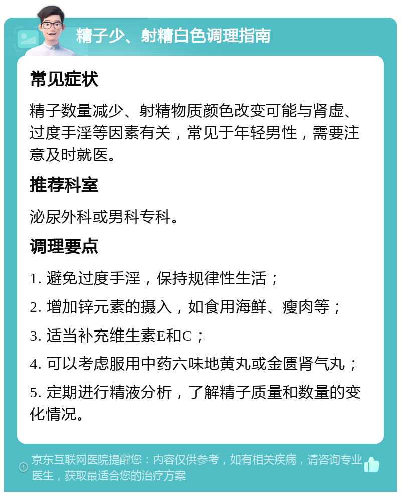 精子少、射精白色调理指南 常见症状 精子数量减少、射精物质颜色改变可能与肾虚、过度手淫等因素有关，常见于年轻男性，需要注意及时就医。 推荐科室 泌尿外科或男科专科。 调理要点 1. 避免过度手淫，保持规律性生活； 2. 增加锌元素的摄入，如食用海鲜、瘦肉等； 3. 适当补充维生素E和C； 4. 可以考虑服用中药六味地黄丸或金匮肾气丸； 5. 定期进行精液分析，了解精子质量和数量的变化情况。