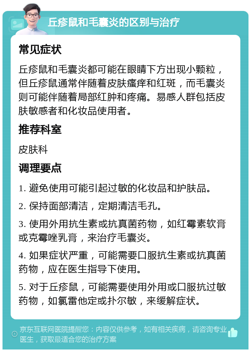 丘疹鼠和毛囊炎的区别与治疗 常见症状 丘疹鼠和毛囊炎都可能在眼睛下方出现小颗粒，但丘疹鼠通常伴随着皮肤瘙痒和红斑，而毛囊炎则可能伴随着局部红肿和疼痛。易感人群包括皮肤敏感者和化妆品使用者。 推荐科室 皮肤科 调理要点 1. 避免使用可能引起过敏的化妆品和护肤品。 2. 保持面部清洁，定期清洁毛孔。 3. 使用外用抗生素或抗真菌药物，如红霉素软膏或克霉唑乳膏，来治疗毛囊炎。 4. 如果症状严重，可能需要口服抗生素或抗真菌药物，应在医生指导下使用。 5. 对于丘疹鼠，可能需要使用外用或口服抗过敏药物，如氯雷他定或扑尔敏，来缓解症状。