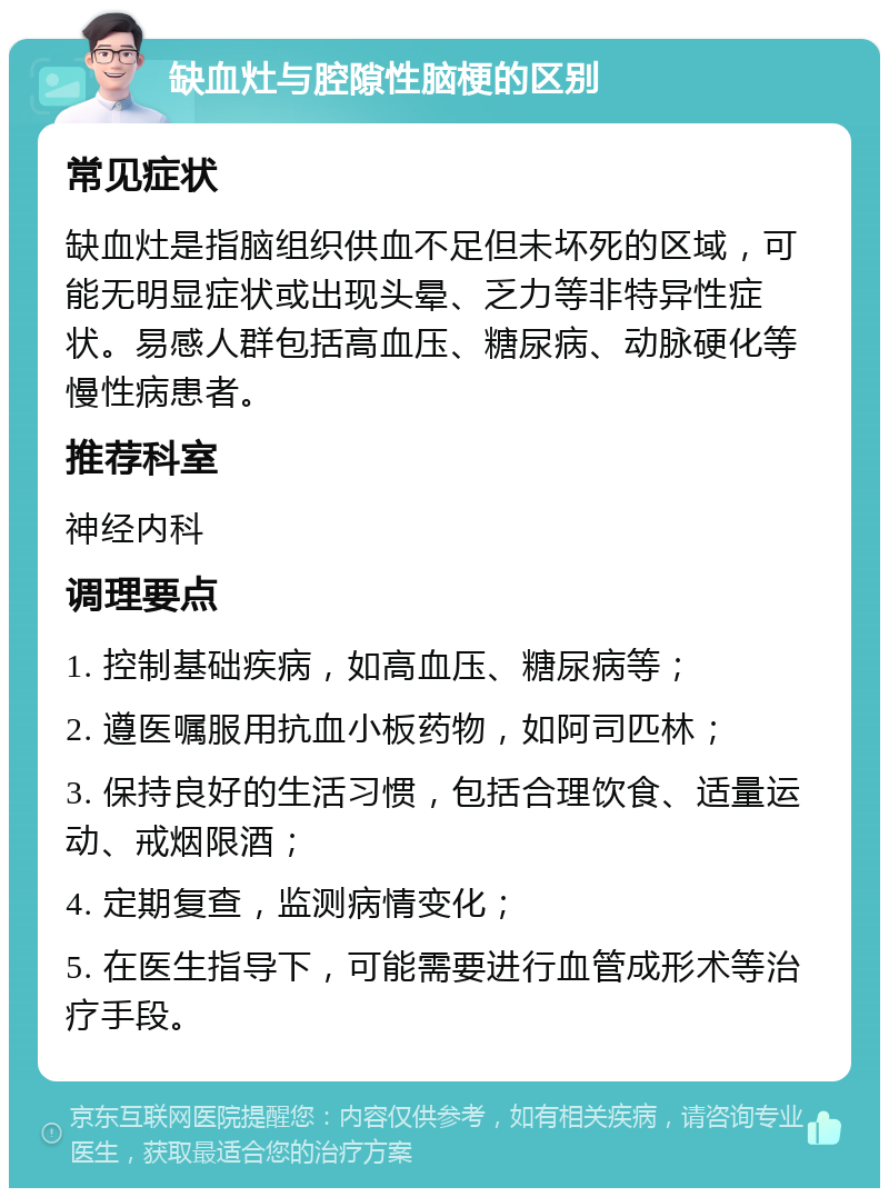 缺血灶与腔隙性脑梗的区别 常见症状 缺血灶是指脑组织供血不足但未坏死的区域，可能无明显症状或出现头晕、乏力等非特异性症状。易感人群包括高血压、糖尿病、动脉硬化等慢性病患者。 推荐科室 神经内科 调理要点 1. 控制基础疾病，如高血压、糖尿病等； 2. 遵医嘱服用抗血小板药物，如阿司匹林； 3. 保持良好的生活习惯，包括合理饮食、适量运动、戒烟限酒； 4. 定期复查，监测病情变化； 5. 在医生指导下，可能需要进行血管成形术等治疗手段。