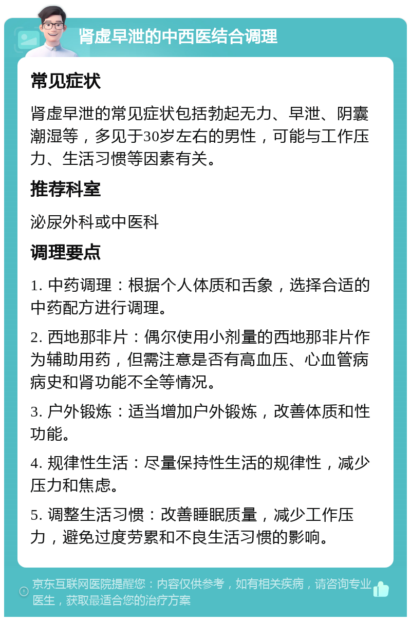 肾虚早泄的中西医结合调理 常见症状 肾虚早泄的常见症状包括勃起无力、早泄、阴囊潮湿等，多见于30岁左右的男性，可能与工作压力、生活习惯等因素有关。 推荐科室 泌尿外科或中医科 调理要点 1. 中药调理：根据个人体质和舌象，选择合适的中药配方进行调理。 2. 西地那非片：偶尔使用小剂量的西地那非片作为辅助用药，但需注意是否有高血压、心血管病病史和肾功能不全等情况。 3. 户外锻炼：适当增加户外锻炼，改善体质和性功能。 4. 规律性生活：尽量保持性生活的规律性，减少压力和焦虑。 5. 调整生活习惯：改善睡眠质量，减少工作压力，避免过度劳累和不良生活习惯的影响。