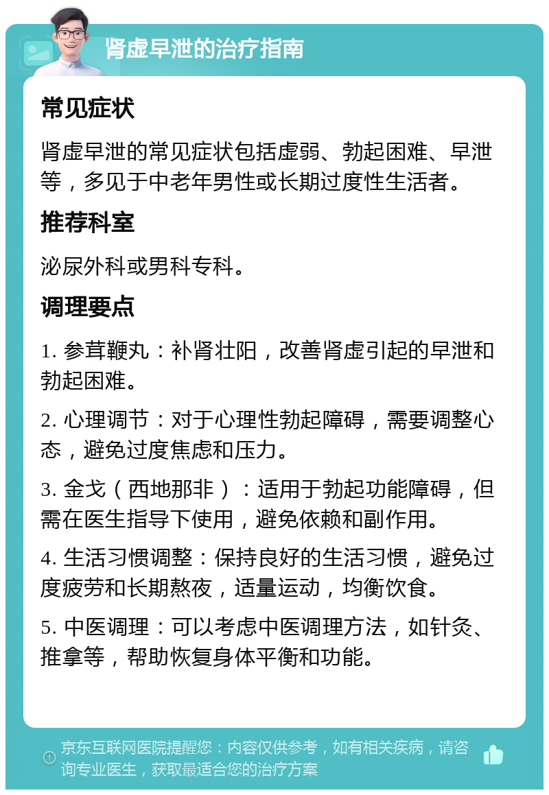 肾虚早泄的治疗指南 常见症状 肾虚早泄的常见症状包括虚弱、勃起困难、早泄等，多见于中老年男性或长期过度性生活者。 推荐科室 泌尿外科或男科专科。 调理要点 1. 参茸鞭丸：补肾壮阳，改善肾虚引起的早泄和勃起困难。 2. 心理调节：对于心理性勃起障碍，需要调整心态，避免过度焦虑和压力。 3. 金戈（西地那非）：适用于勃起功能障碍，但需在医生指导下使用，避免依赖和副作用。 4. 生活习惯调整：保持良好的生活习惯，避免过度疲劳和长期熬夜，适量运动，均衡饮食。 5. 中医调理：可以考虑中医调理方法，如针灸、推拿等，帮助恢复身体平衡和功能。