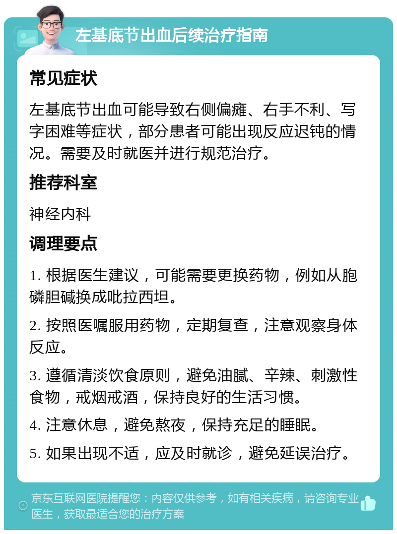 左基底节出血后续治疗指南 常见症状 左基底节出血可能导致右侧偏瘫、右手不利、写字困难等症状，部分患者可能出现反应迟钝的情况。需要及时就医并进行规范治疗。 推荐科室 神经内科 调理要点 1. 根据医生建议，可能需要更换药物，例如从胞磷胆碱换成吡拉西坦。 2. 按照医嘱服用药物，定期复查，注意观察身体反应。 3. 遵循清淡饮食原则，避免油腻、辛辣、刺激性食物，戒烟戒酒，保持良好的生活习惯。 4. 注意休息，避免熬夜，保持充足的睡眠。 5. 如果出现不适，应及时就诊，避免延误治疗。